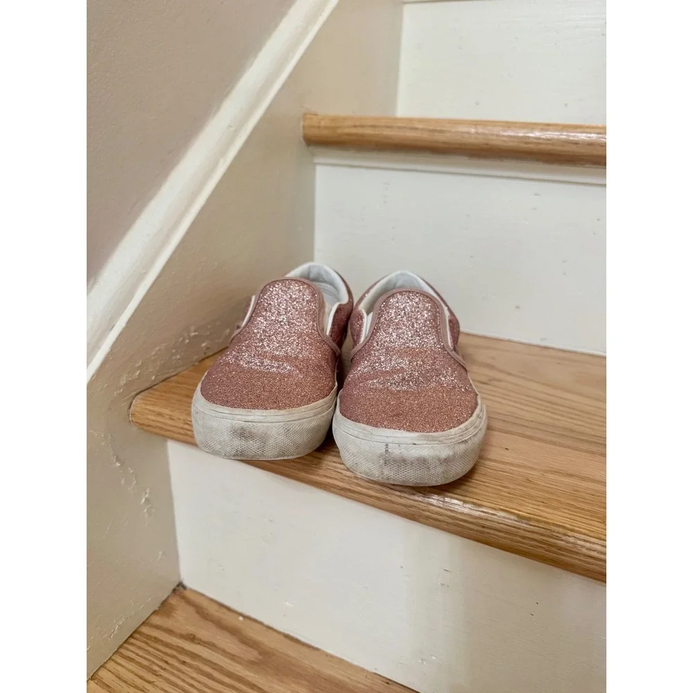 Vans Classic Slip-On Rose Gold Glitter Kids Size 2 Skate Shoes Pink Sneakers